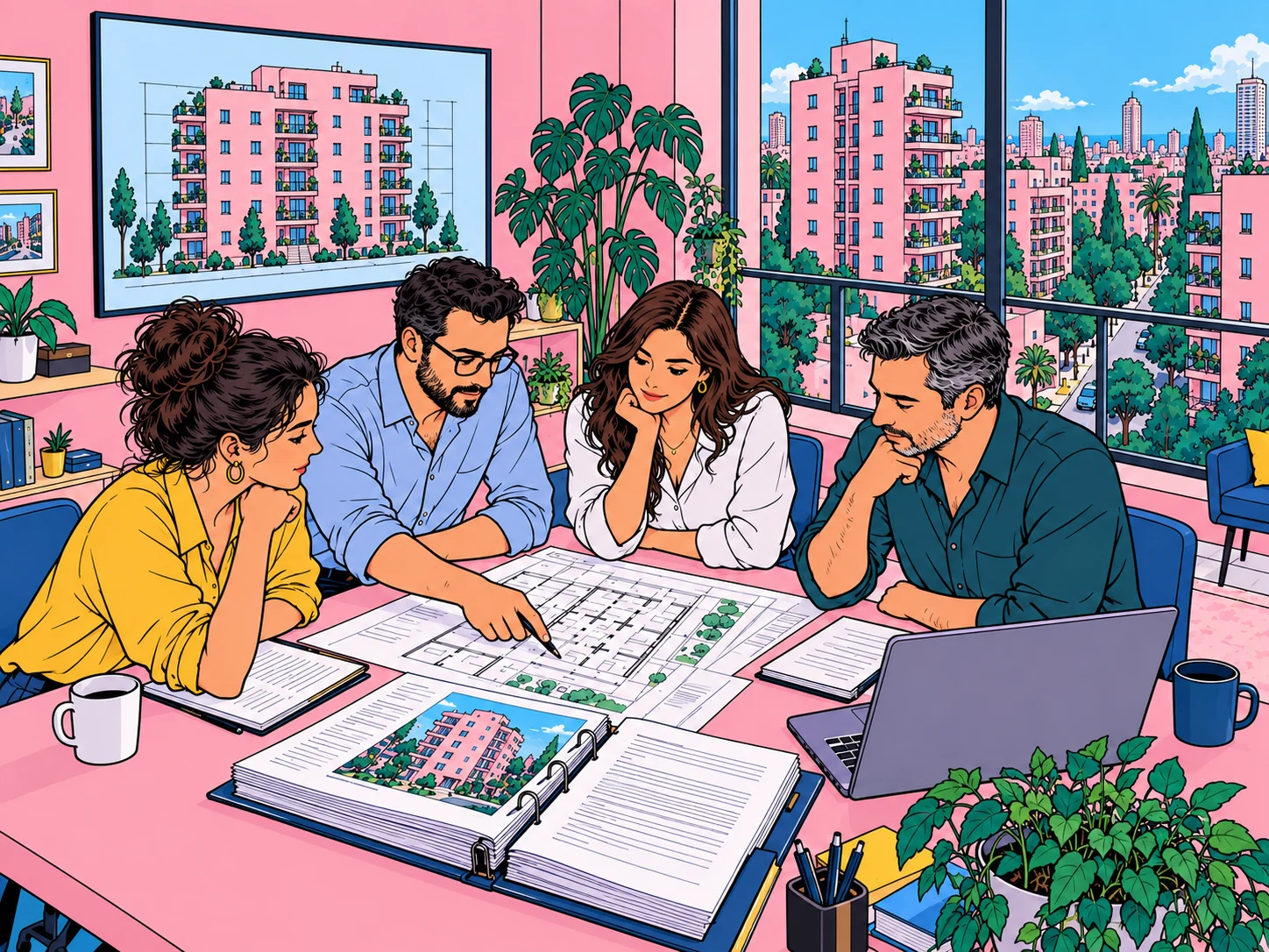 איור של צוות מקצועי הבוחן יחד מסמכים ותוכנית בניין, כשמגדלי מגורים נשקפים מהחלון