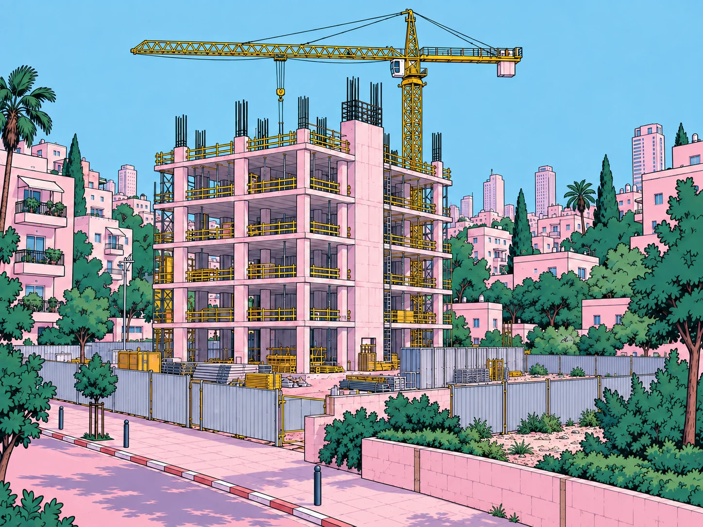איור של בניין מגורים בתחילת הביצוע, עם שלד ורוד, מנוף צהוב ושמים כחולים