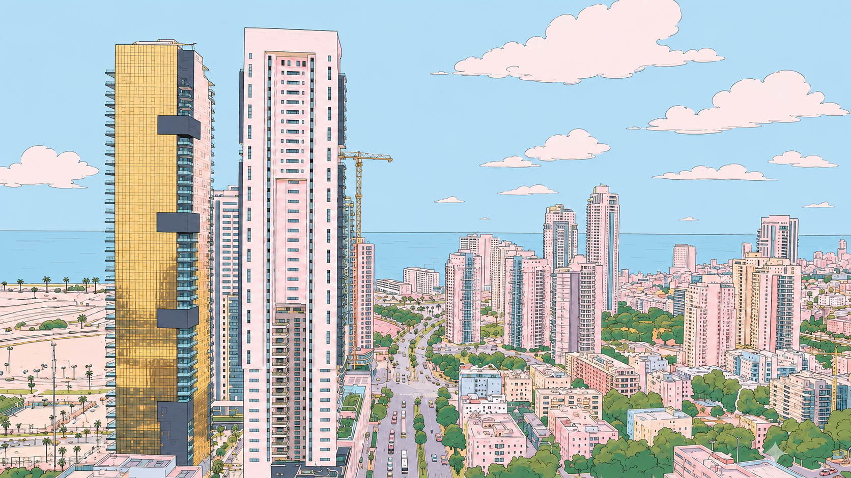איור של מגדלי מגורים בגוני זהב וורוד על רקע עיר חוף והים