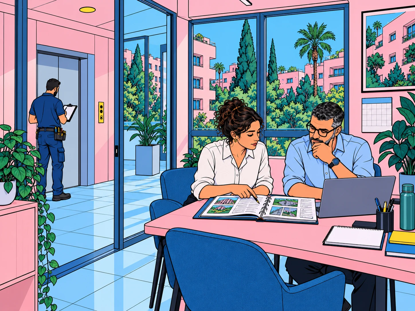 איור של בדיקת מסמכי תחזוקה ולוח זמנים, לצד איש מקצוע הבודק מעלית בבניין