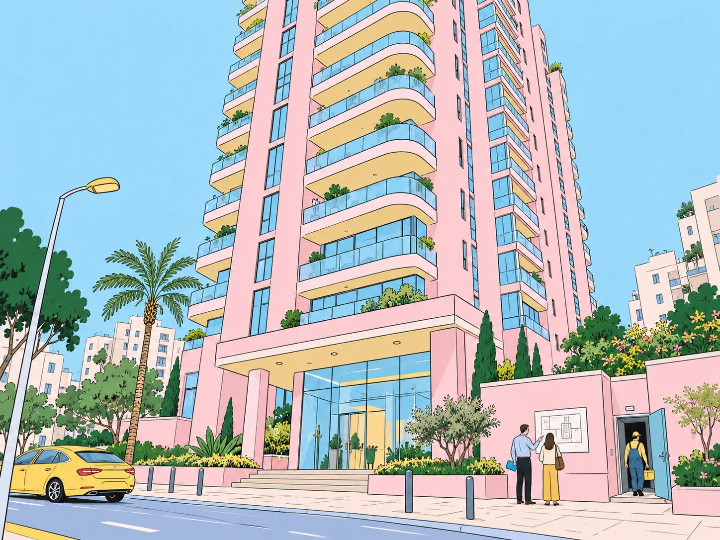 איור אדריכלי של בניין מגורים מאוכלס בגוני ורוד וכחול, עם בעלי תפקידים ליד תוכנית הבניין בכניסה